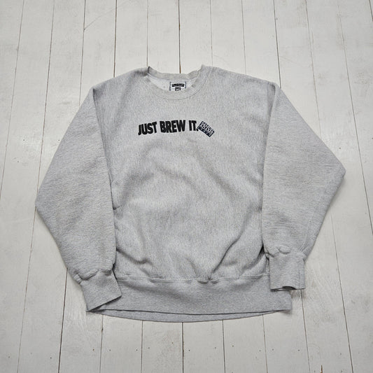 1990s Lee Cross Grain Grey Samuel Adams Just Brew It Beer Promotional Reverse Weave Style Sweatshirt Made in USA Size L