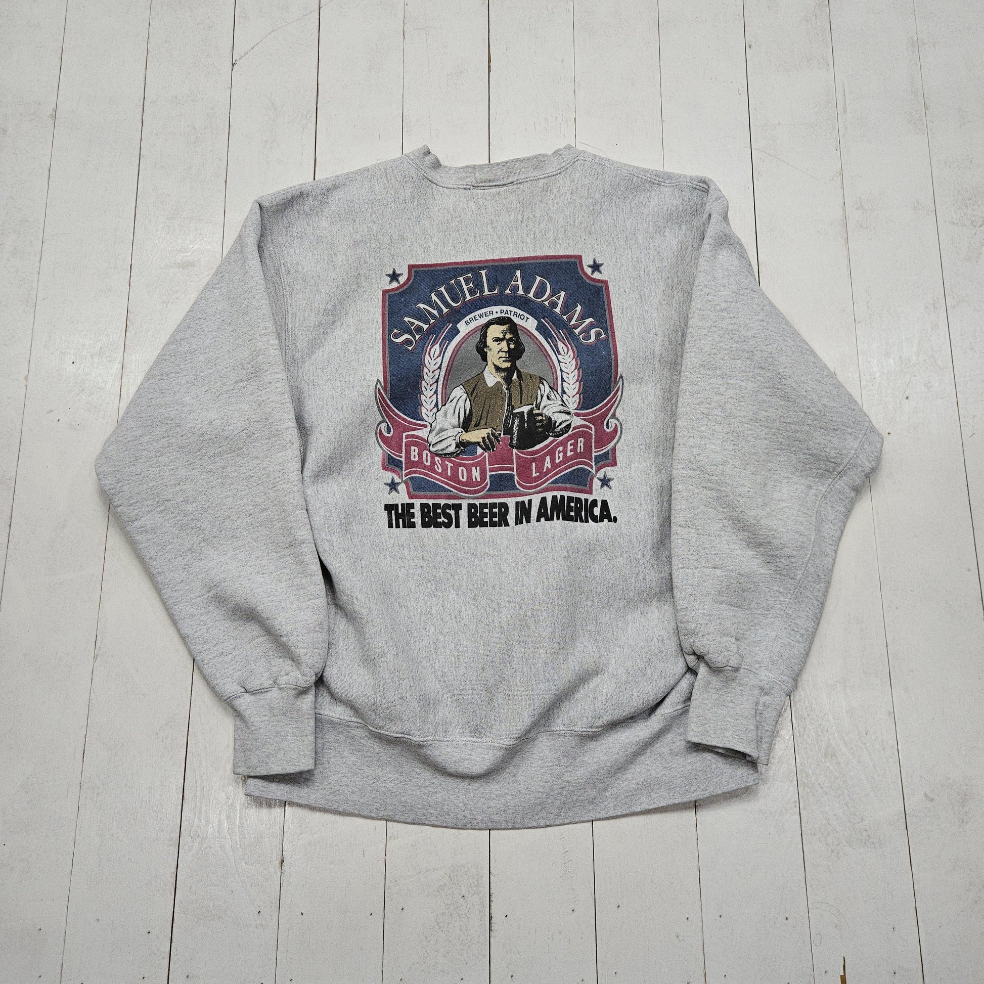 1990s Lee Cross Grain Grey Samuel Adams Just Brew It Beer Promotional Reverse Weave Style Sweatshirt Made in USA Size L