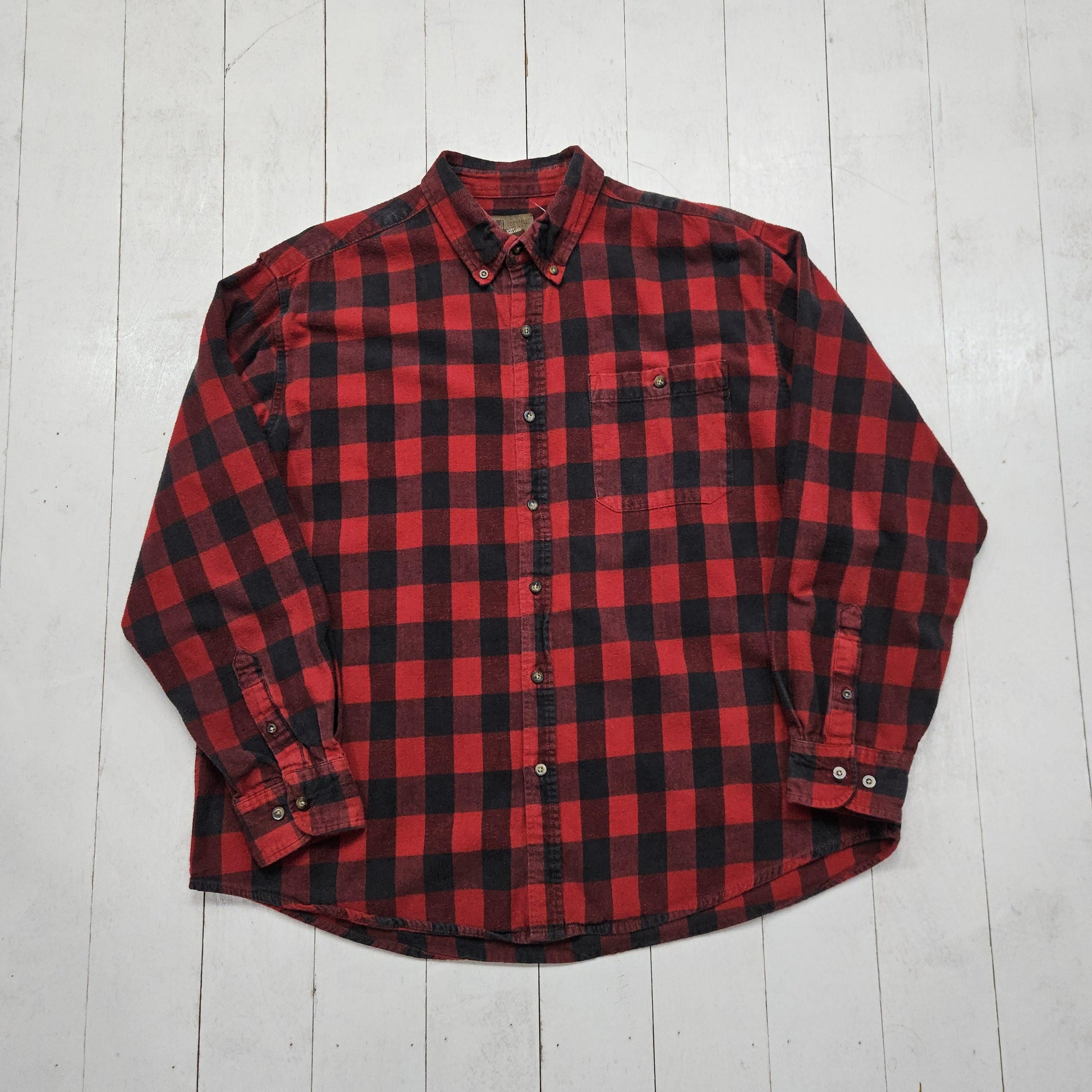 2000s Y2K Faded Glory Red Buffalo Plaid Button Down Flannel Shirt Size XL/XXL