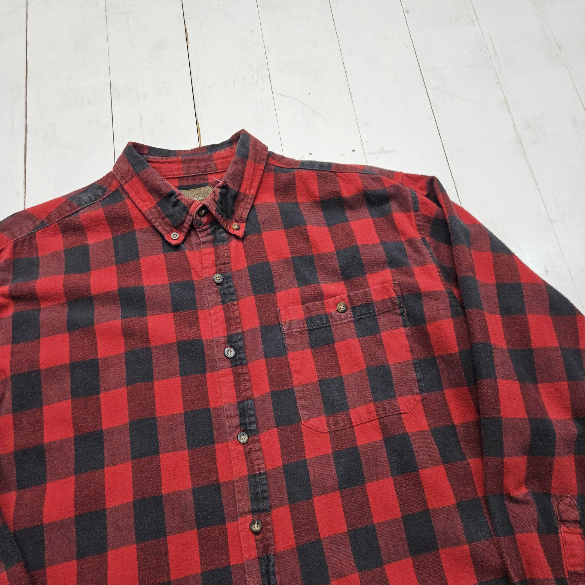 2000s Y2K Faded Glory Red Buffalo Plaid Button Down Flannel Shirt Size XL/XXL