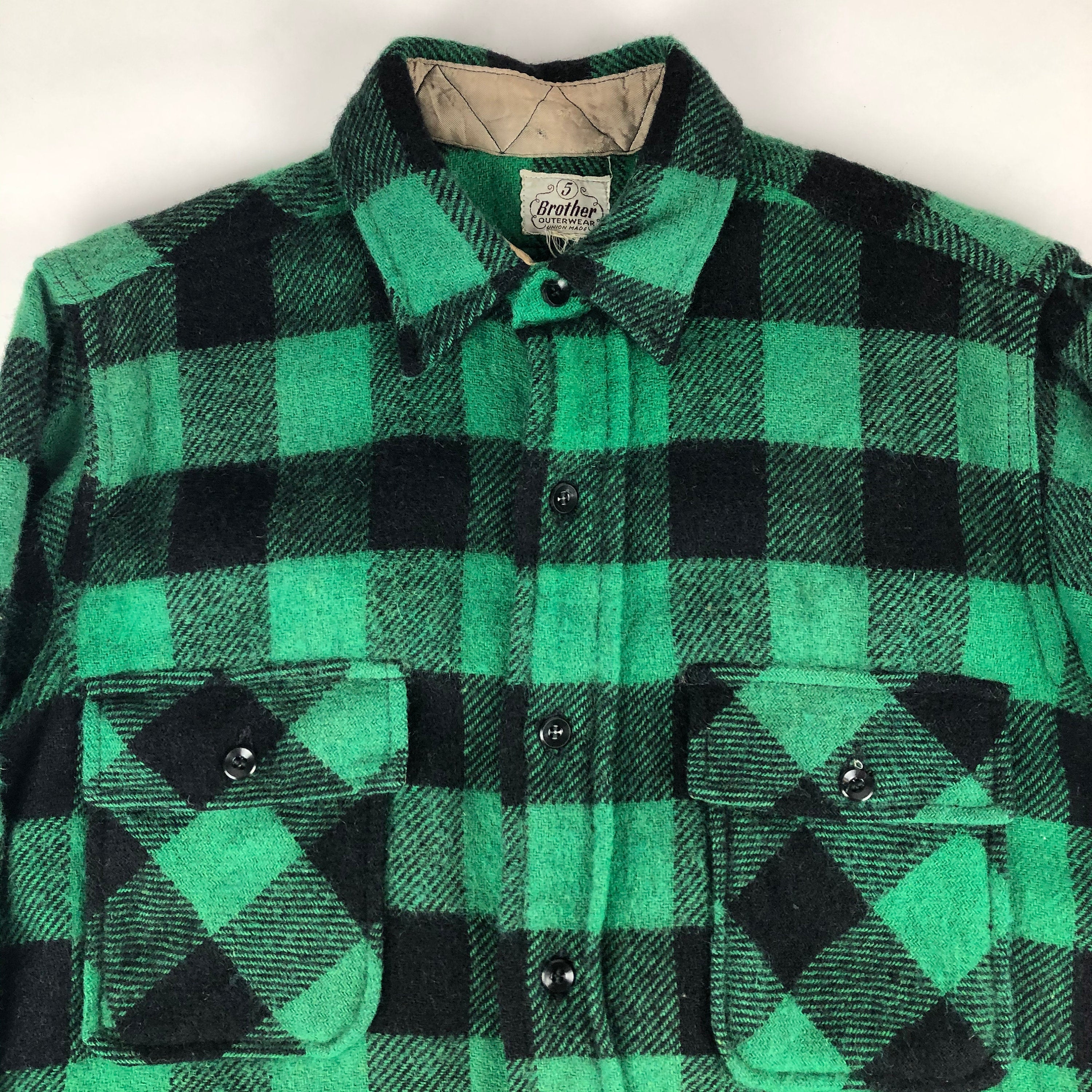 1950s Union Made Five Brother Green Buffalo Check Plaid Wool Shirt