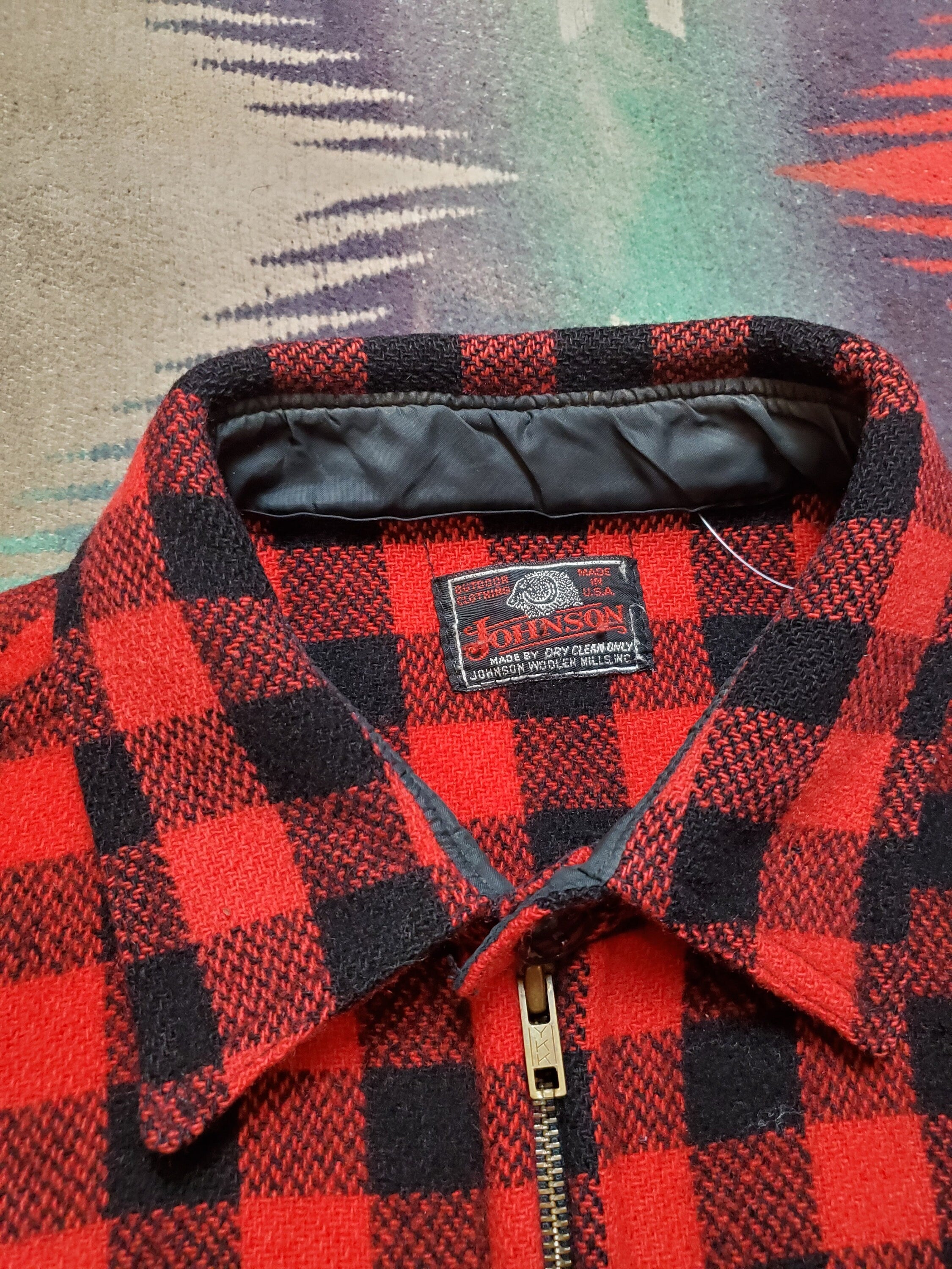 s Johnson Woolen Mills Buffalo Plaid Zip Up Wool Mackinaw Jacket Made  in USA Size XL