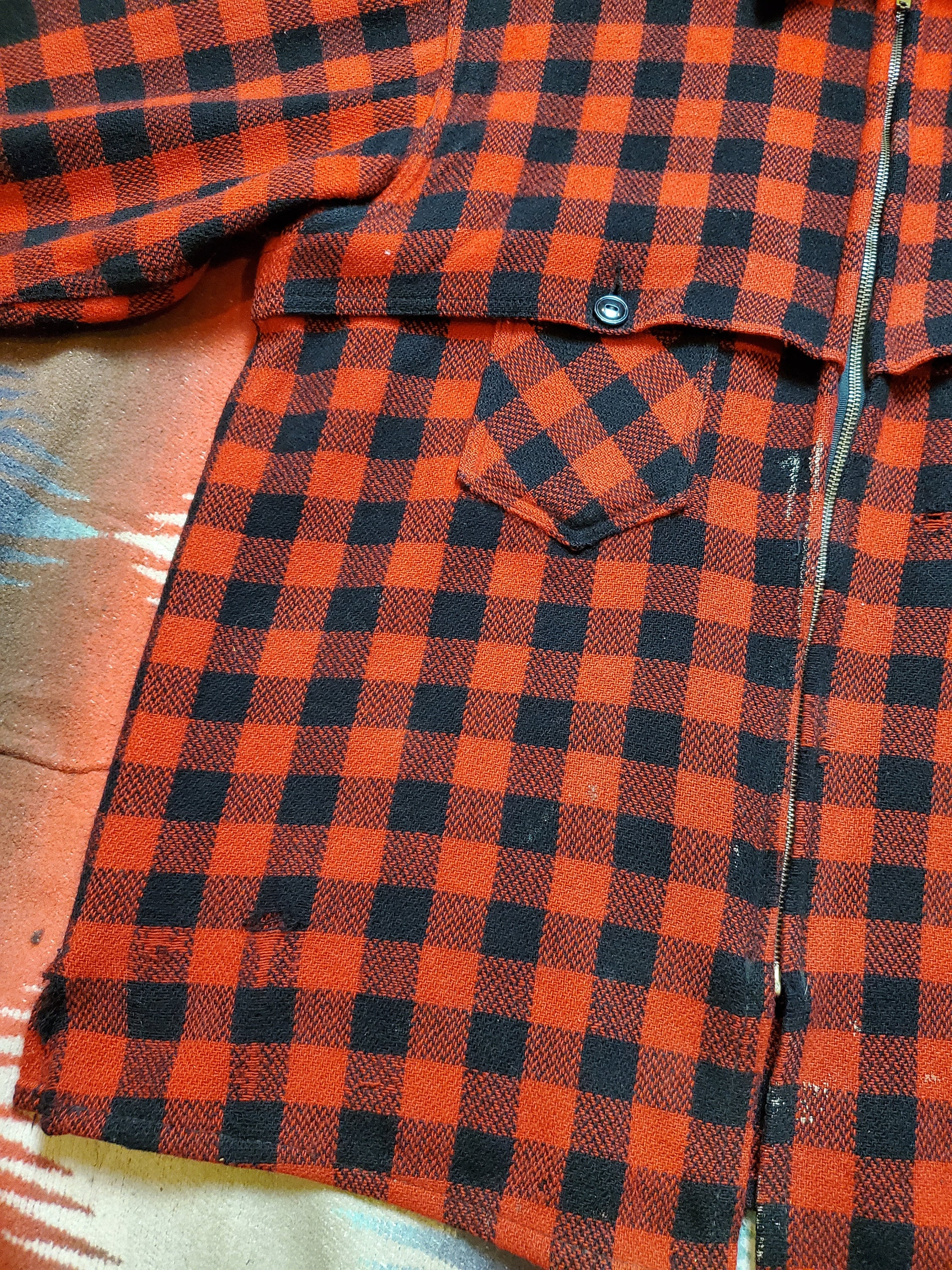 s Johnson Woolen Mills Buffalo Plaid Zip Up Wool Mackinaw Jacket Made  in USA Size XL