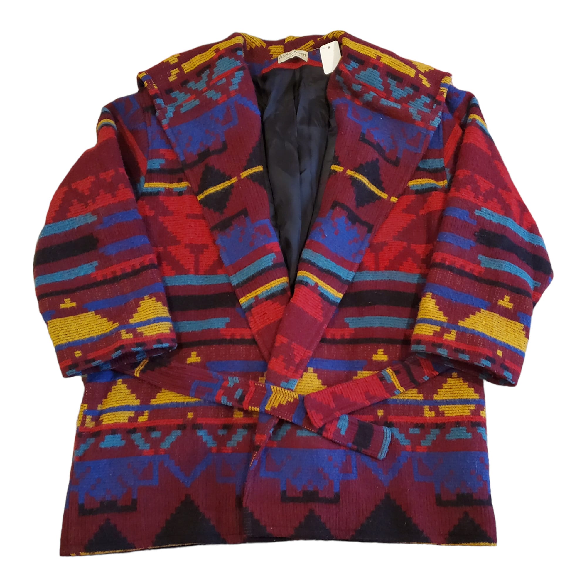 1980s/1990s Ashley Scott Southwestern Pattern Hooded Wool Blend Blanket  Coat Made in USA