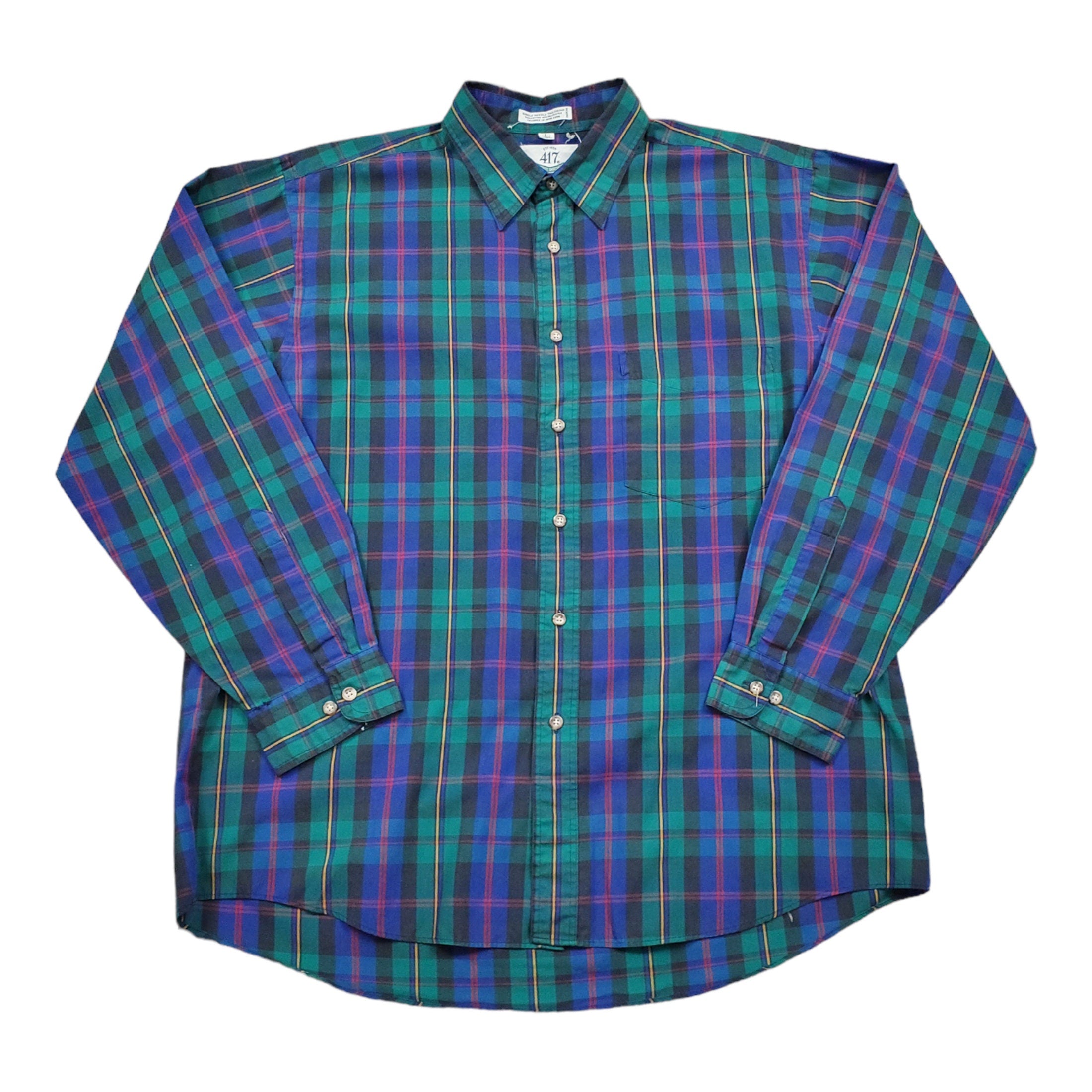 1980s/1990s Van Heusen 417 Single Needle Button Up Longlseeve Plaid Shirt  Size L/XL