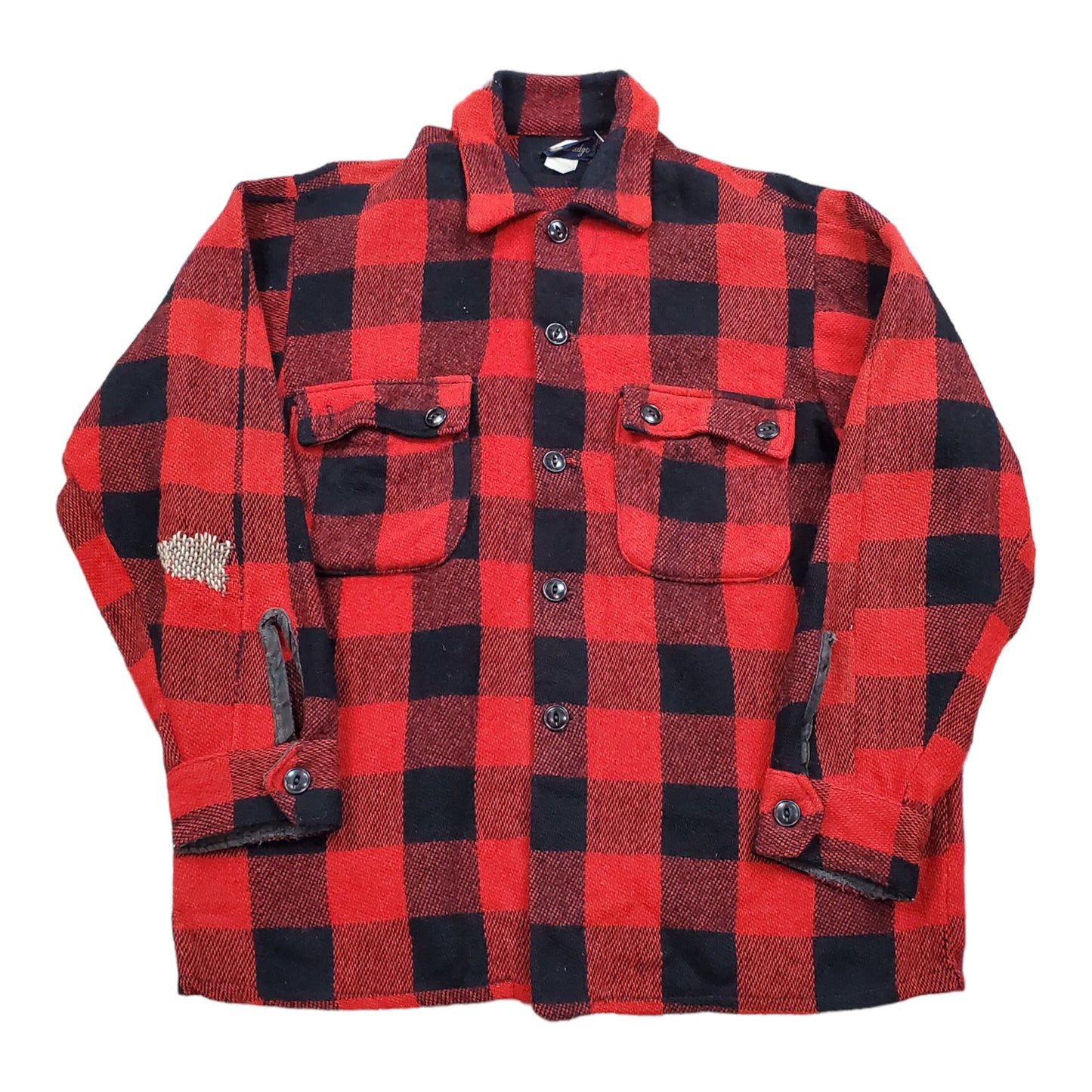 1960s/1970s Gambridge Red Buffalo Plaid Wool Shirt Jacket Made in Canada Size M/L