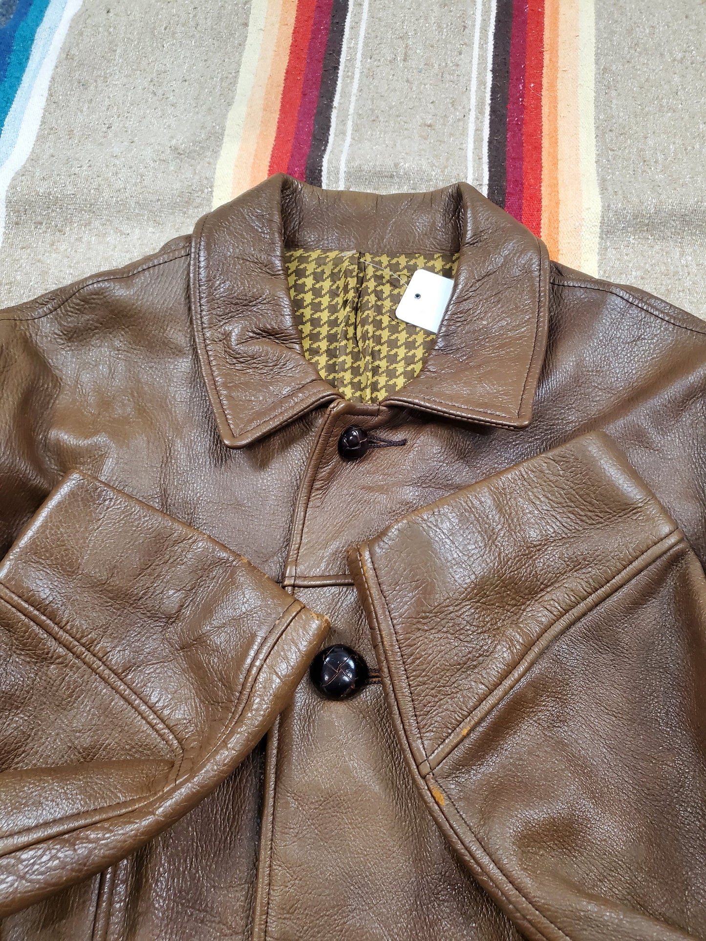 1970s/1980s Unbranded Dark Brown Leather Jacket with Houndstooth Liner Size L