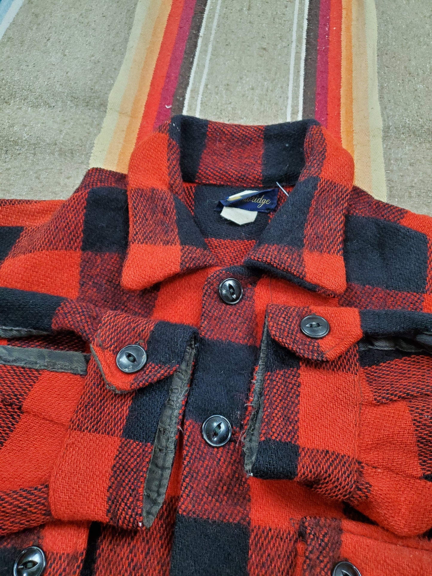 1960s/1970s Gambridge Red Buffalo Plaid Wool Shirt Jacket Made in Canada Size M/L