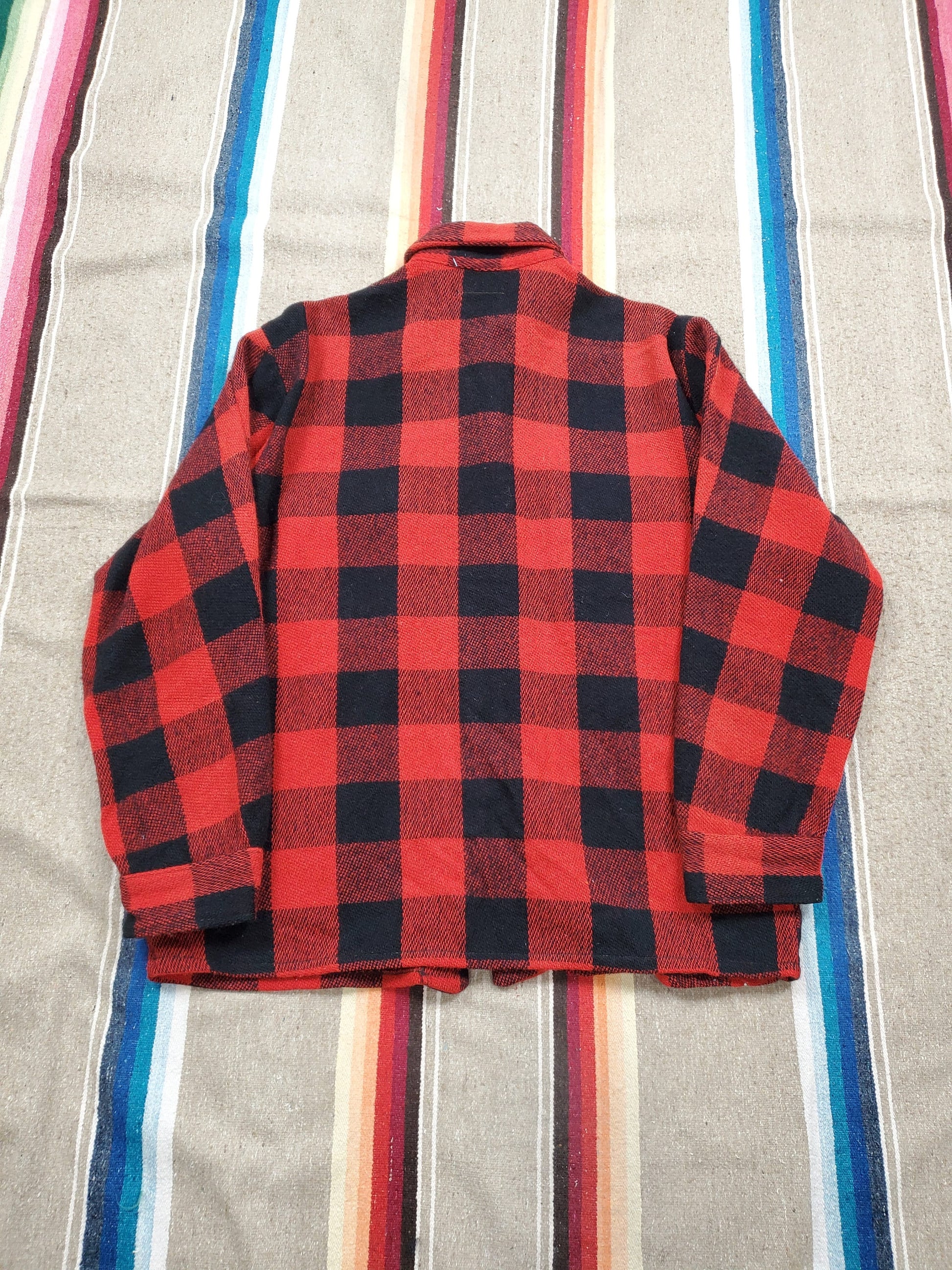 1960s/1970s Gambridge Red Buffalo Plaid Wool Shirt Jacket Made in Canada Size M/L
