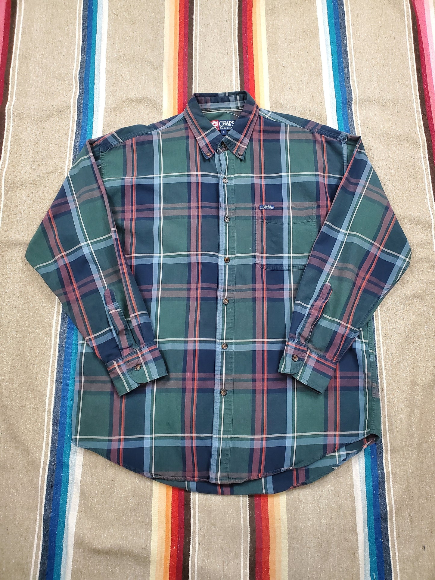 2000s Chaps Ralph Lauren Green Plaid Button Down Shirt Size L/XL