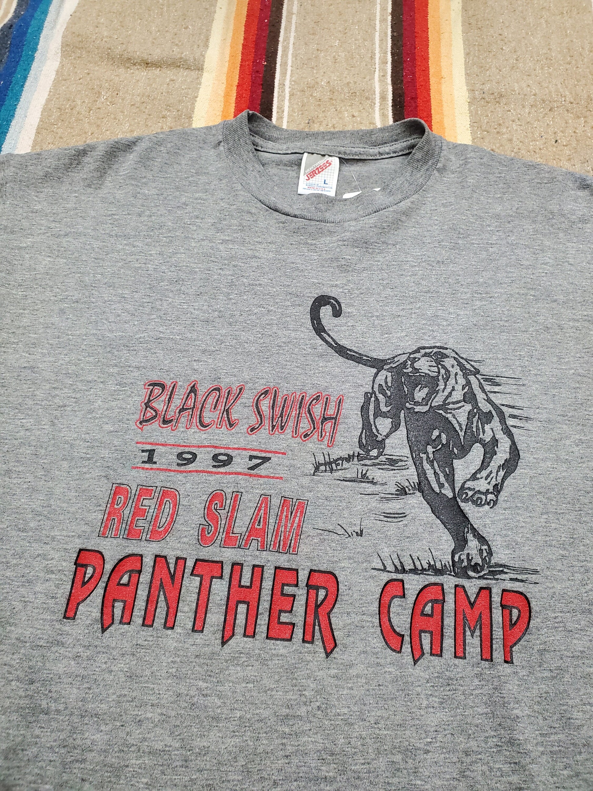 1990s 1997 Jerzees Black Swish Red Slam Panther Camp T-Shirt Made in USA Size M