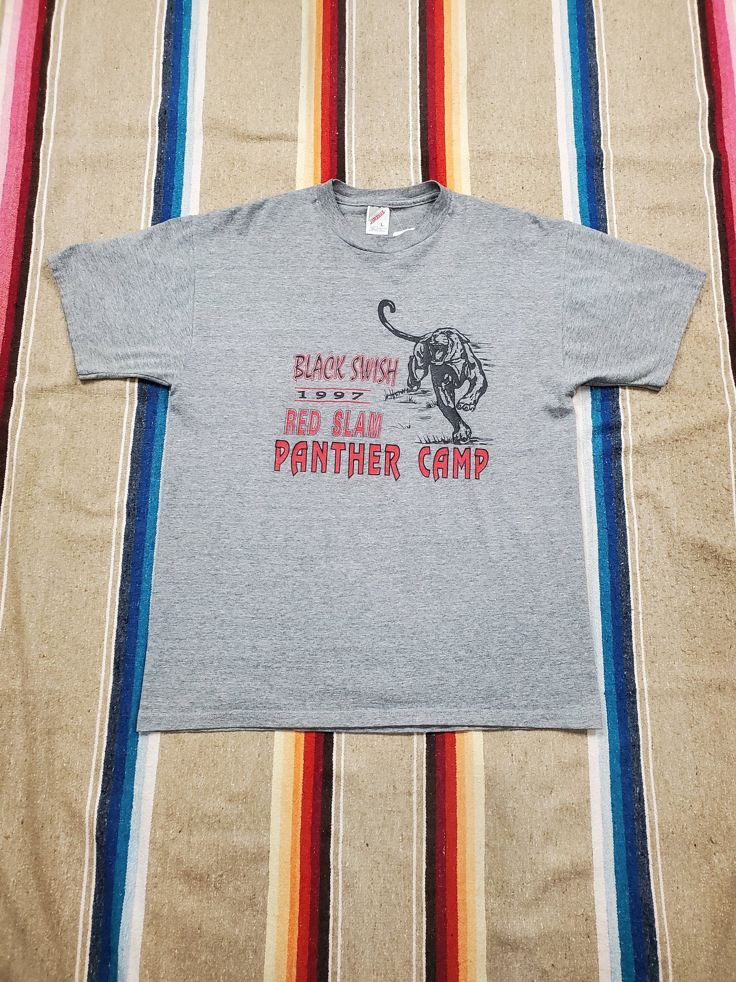 1990s 1997 Jerzees Black Swish Red Slam Panther Camp T-Shirt Made in USA Size M