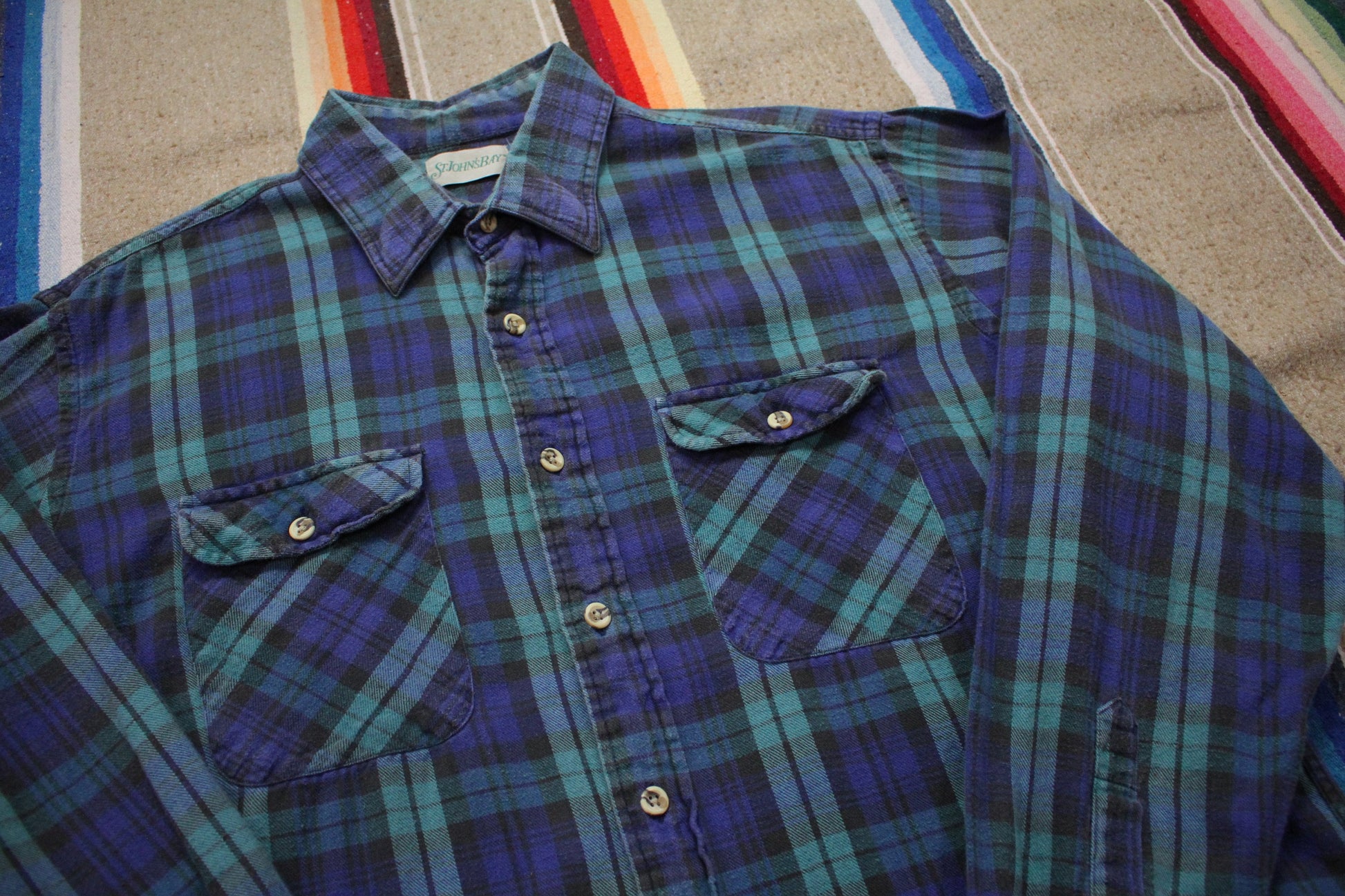 1990s/2000s St John's Bay Blue and Green Plaid Flannel Shirt Size XL