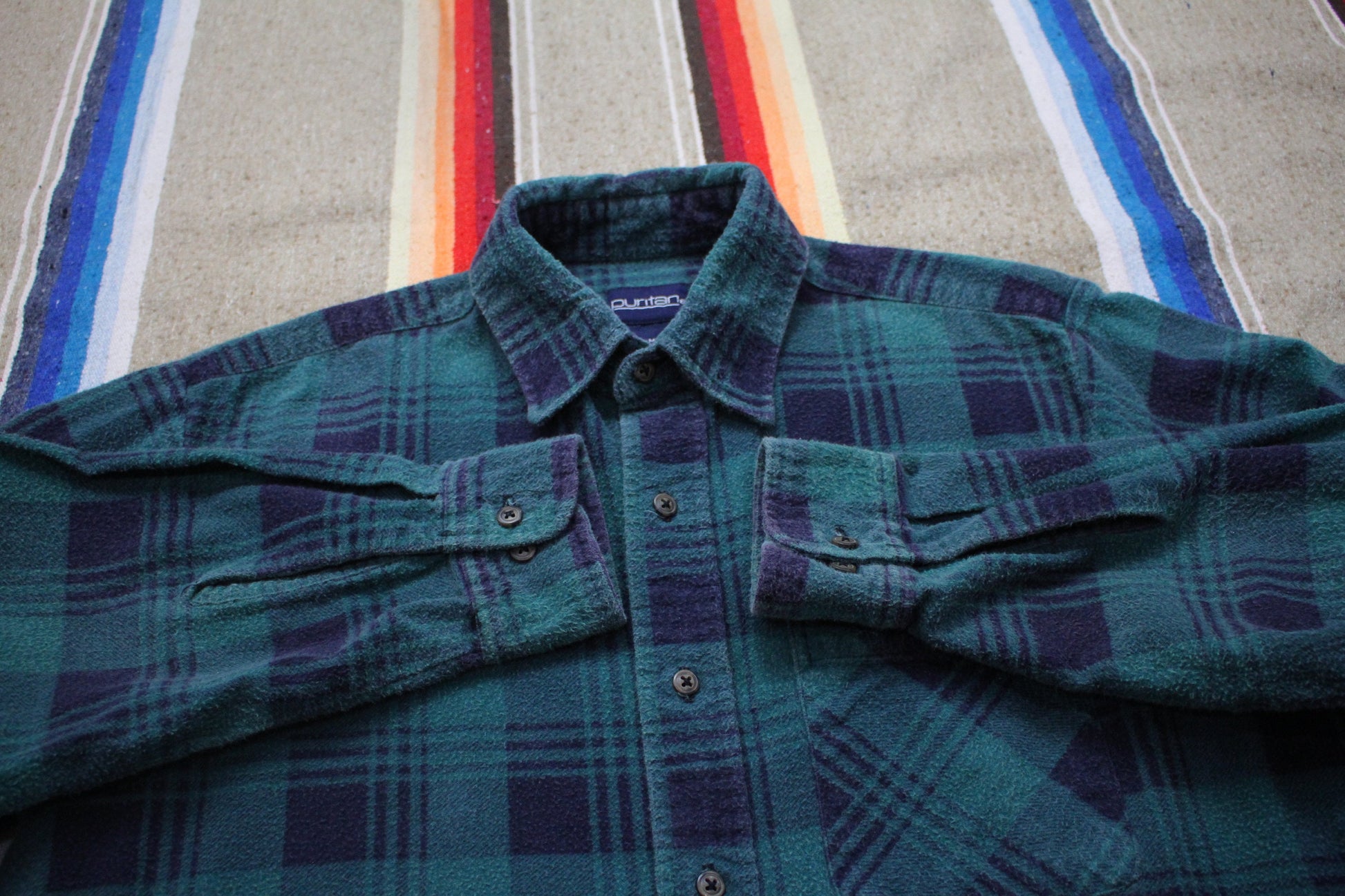 1990s Puritan Blue and Green Plaid Printed Cotton Shirt Size L