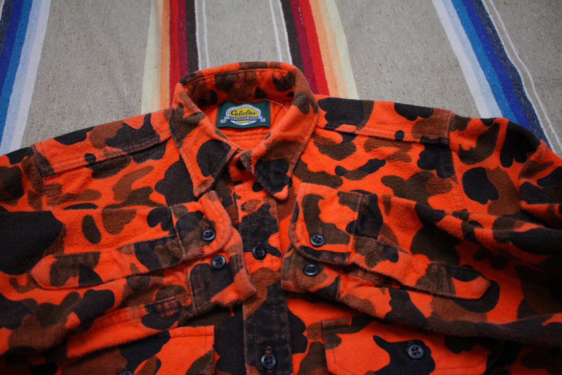 1990s Cabela's Orange Duck Camo Chamois Flannel Shirt Made in USA Size S/M